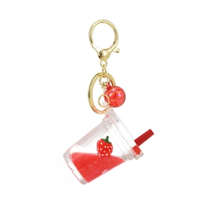 Creative strawberry drink keychain with red liquid glitter sand and golden lobster clasp