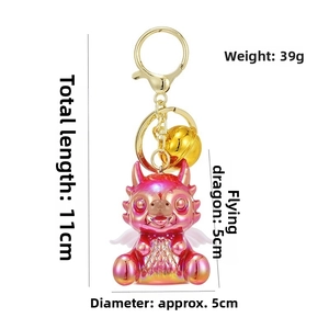 Detail view of 11cm pink dragon keychain with dimensions and gold lobster clasp