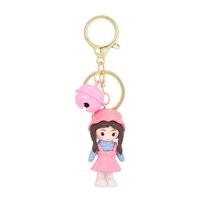 Porte-clés poupée fillette mignonne avec chapeau rose et clochette rose assortie