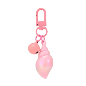Pink seashell keychain with metallic D-ring, bell and pearlescent shell pendant charm