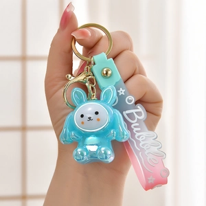Luminous Rabbit Keychain Iridescent Bunny Keyring Acrylic Metallic Pendant Gradient Silicone Strap Cute Bag Accessory