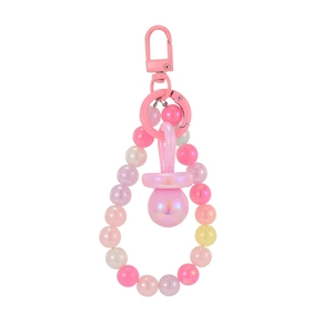 Pink gradient acrylic bead keychain with iridescent pacifier pendant on white background