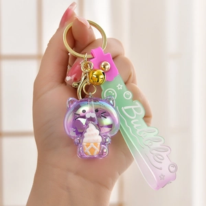 Charming gradient purple cat ice cream keychain with a colorful silicone wrist strap