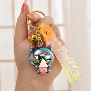 Detail of colorful electroplated cat charm with ice cream and gradient silicone wristband