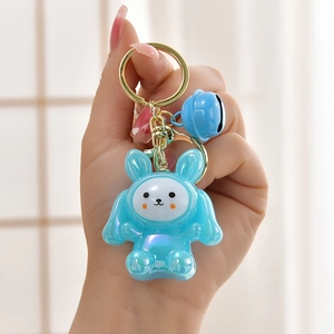 Cute Rabbit Keychain Glowing LED Flashing Acrylic Iridescent Artificial Pearl Pendant With Bell For Backpack Bag Accessories