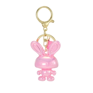 Pink holographic acrylic rabbit keychain with golden metal ring and LOVE engraving