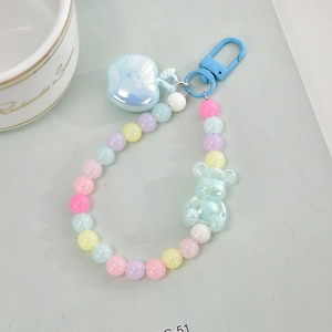 Portachiavi con perle colorate e ciondolo a mela azzurra e orsetto con fibbia in metallo