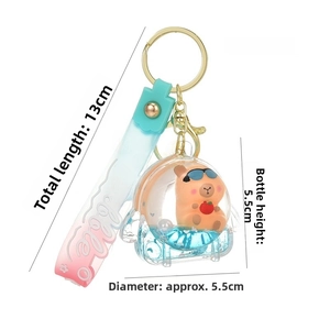 Detail of Capybara quicksand bottle keychain with liquid, glitter and blue strap