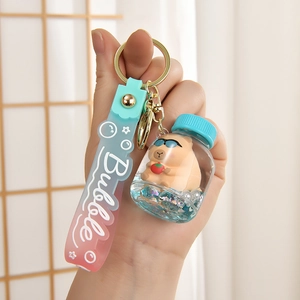 Cute Capybara liquid quicksand keychain with gradient strap and mini bottle charm