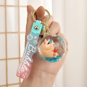 Detail of Capybara liquid quicksand keychain with blue sequins and soft rubber wrist strap