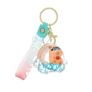 Capybara quicksand keychain with blue liquid and silicone wristlet for bag charm