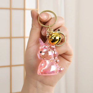Unicorn Keychain Iridescent Translucent Resin Cartoon Animal Pendant With Gold Bell And Clasp For Backpack Car Decor Gift
