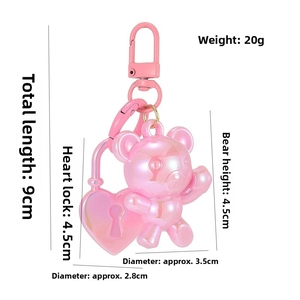 Pink pearlescent bear and heart lock keychain detailed dimensions and size guide