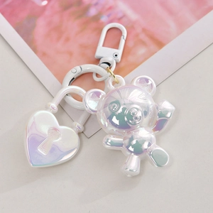 Iridescent white bear and heart lock charm with D-ring clasp for DIY keychains