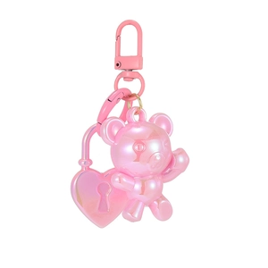Pink iridescent teddy bear and heart lock charm with metallic spring hook for bags