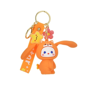 Orange rabbit bunny keychain with silicone strap and golden ring for bag charm gift