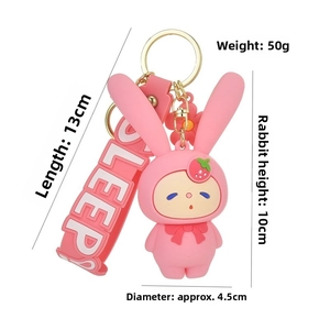 Detailed view of pink rabbit keychain with sleepy strap and cute strawberry hat decoration