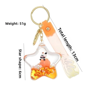 Detail view of cartoon panda star liquid keychain with dimensions and weight specs