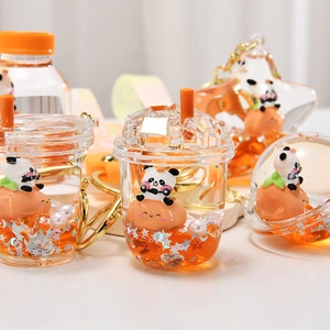 Cute Panda Floating Liquid Quicksand Keychain Acrylic Milk Tea Cup Bottle Bag Pendant Glitter Wrist Strap Metal Ring