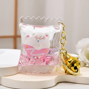 Creative Donut Bear Liquid Quicksand Keychain Candy Bag Shaped Acrylic Bag Charm With Metal Bell For Girls Backpack Ornament