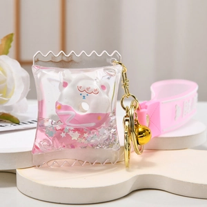 Acrylic donut bear liquid quicksand keychain charm with pink strap and star sequins