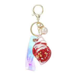 Creative conch keychain with red beads, large pearl, and iridescent laser strap