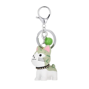 Cute resin cat keychain in white and green with bell and metal lobster clasp