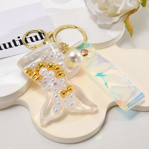 Mermaid tail floating pearl liquid keychain with iridescent wrist strap and gold ring