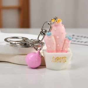 Creative pink resin cactus keychain with LOVE pot and silver metal lobster clasp