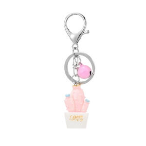 Pink cactus resin keychain with Love lettering and bell on a silver metal ring