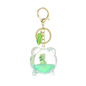 Cute green fox mascot acrylic keychain with floating liquid and sand in a clock shape