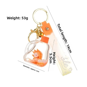 Detail of orange fox liquid keychain with dimensions, quicksand, and bubble strap