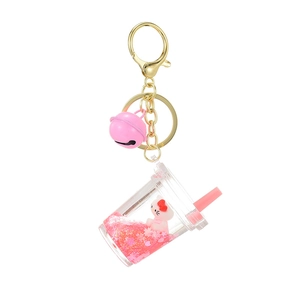 Creative liquid quicksand keychain with white cat figurine and pink glitter sequins