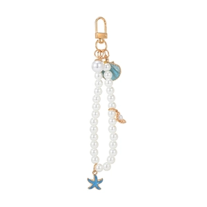 Marine style pearl keychain with blue starfish and seashell charms for bags and phones