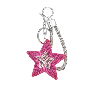 Pentagram star keychain with pink and white rhinestones on silver lobster clasp