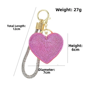 Detailed size specifications for the pink rhinestone heart keychain and lanyard