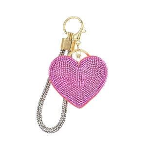 Sparkling pink rhinestone heart keychain with silver crystal strap and gold-tone clasp