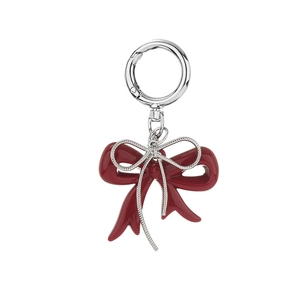 Elegant wine red acrylic and silver metal bow keychain with high-gloss spring clasp hook