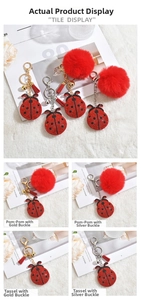 Red ladybug keychain with rhinestones, soft faux fur pompom and stylish tassels