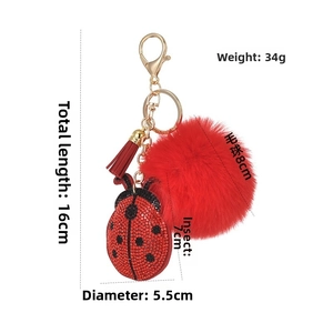 Detail view of ladybug keychain with red rhinestones, pom-pom and dimensions marked