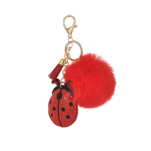 Sparkling ladybug keychain with red rhinestones, plush ball and tassel on golden ring