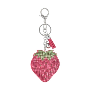 Pink rhinestone strawberry keychain with tassel and silver clasp on white background