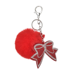 Porte-clés pompon rouge avec nœud en strass et mousqueton en métal argenté élégant
