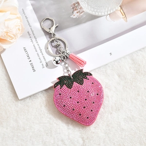 Strawberry Fruit Keychain Rhinestone Sparkling Crystal Bag Charm With Faux Leather Tassel Pom Pom Cute Gift For Women