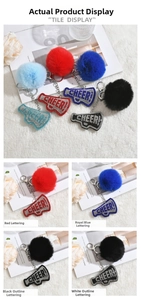 Sparkly rhinestone CHEER megaphone keychain and plush fur pompom bag charm in four colors
