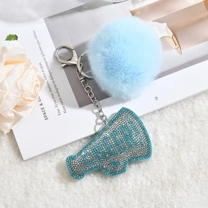 Light blue faux fur pompom keychain with rhinestones CHEER megaphone charm and lobster clasp