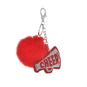 Red cheer cheerleader pompom keychain with rhinestone megaphone charm for handbag
