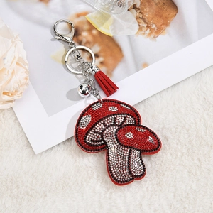 Fashion Mushroom Shape Rhinestone Keychain With Fur Ball Tassel Bell Sparkly Alloy Crystal Bag Pendant For Women Girls Jewelry Decoration Gift