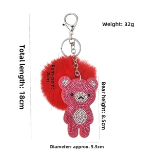 Detailed size specifications for the pink fur ball bear keychain with rhinestones