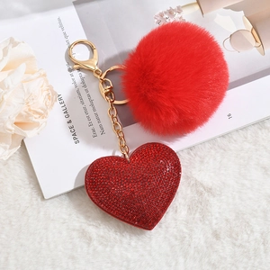 Rhinestone Heart Shaped Pom Pom Keychain Fluffy Artificial Fur Ball Bag Charm For Women Stylish Car Key Ring Sparkling Accessory